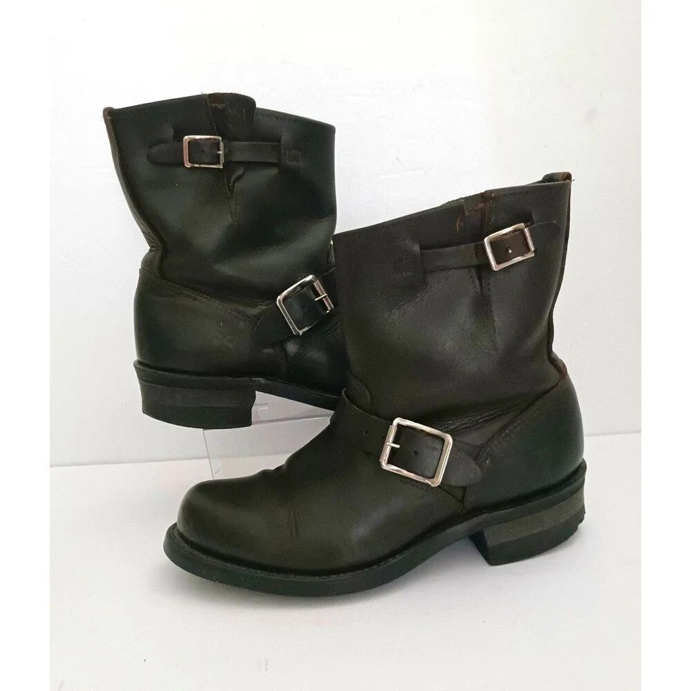 FRYE VIV Blk Leather Engineer Biker Boots Buckle Harness Strap Sz 7.5